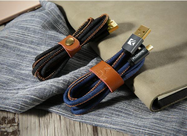 Denim Jeans Micro USB Premium Ladekabel 2m auch für PS4 - Blau, schwarz